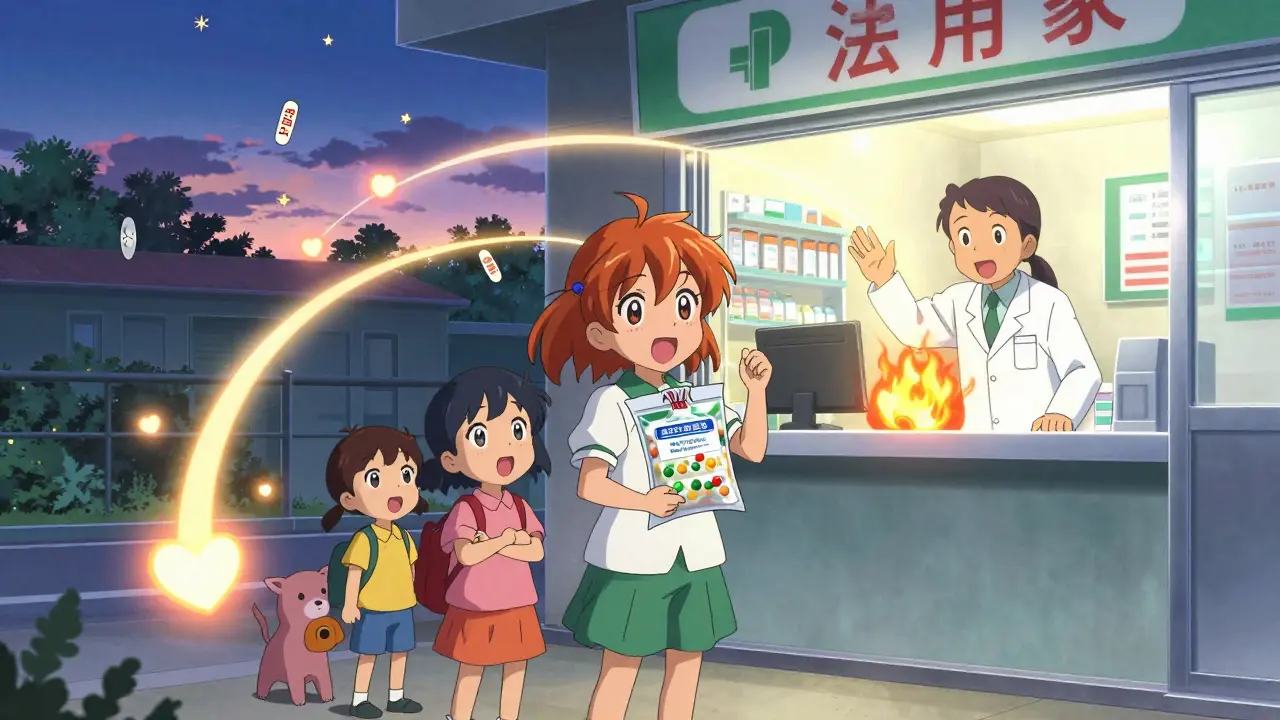 Eine Familie übergibt abgelaufene Medikamente in der Apotheke, magische Flammen verarbeiten sie sicher im Hintergrund.