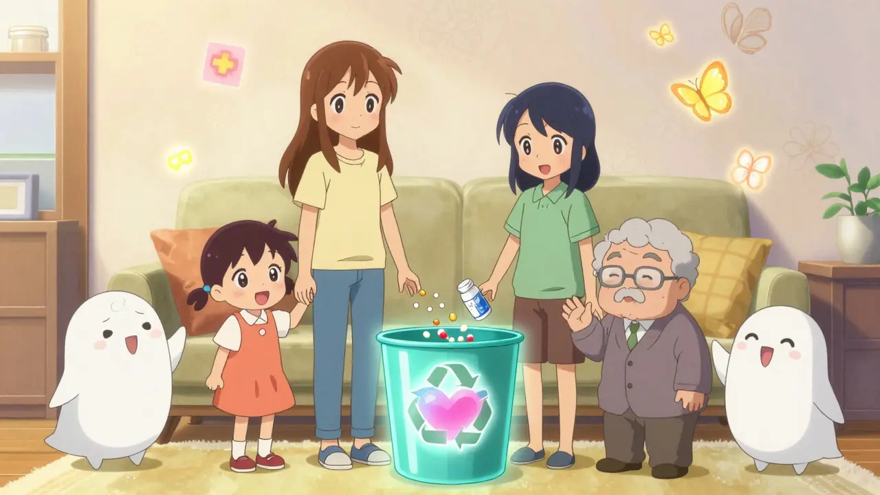 Eine Familie wirft abgelaufene Medikamente in einen herzförmigen Recycling-Bin, während sie in bunte Schmetterlinge verwandelt werden.