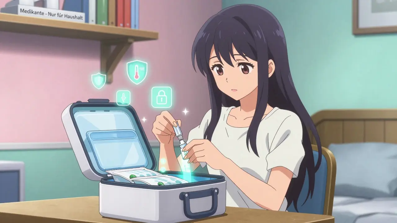 Eine Frau verpackt Insulin in eine isolierte Box mit Kühlakkus, digitale Sicherheitssymbole schweben um sie herum.