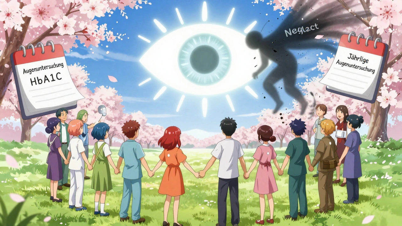 Eine Gruppe von Menschen hält sich an den Händen unter einem riesigen Auge, das für Prävention steht, während negative Kräfte zerfallen.