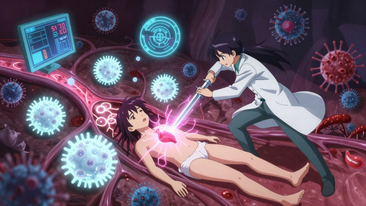 Eine heroische Figur kämpft im Körper gegen Viren und Krebszellen mit einer Spritzenwaffe.