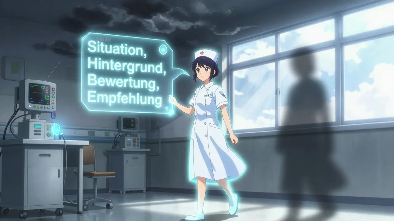 Eine Krankenschwester wird von einer leuchtenden SBAR-Nachricht umgeben, während Warnungen verschwinden.