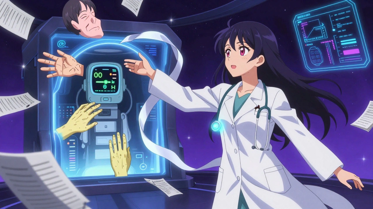 Eine medizinische Heldin fängt mit einer Zeitband-Telestethoskop Symptome aus verschiedenen Zeitlinien, während zukünftige Wearables im Hintergrund leuchten.