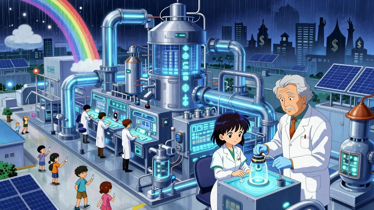 Eine moderne Impfstofffabrik in Afrika mit Sonnenenergie und glühenden Pipelines, Kinder erhalten Impfungen.