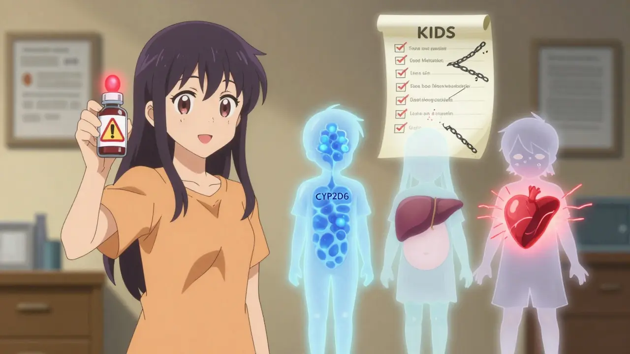 Eine Mutter hält eine Medizinflasche mit Warnsymbol, während drei Versionen ihres Kindes genetische Risiken zeigen.