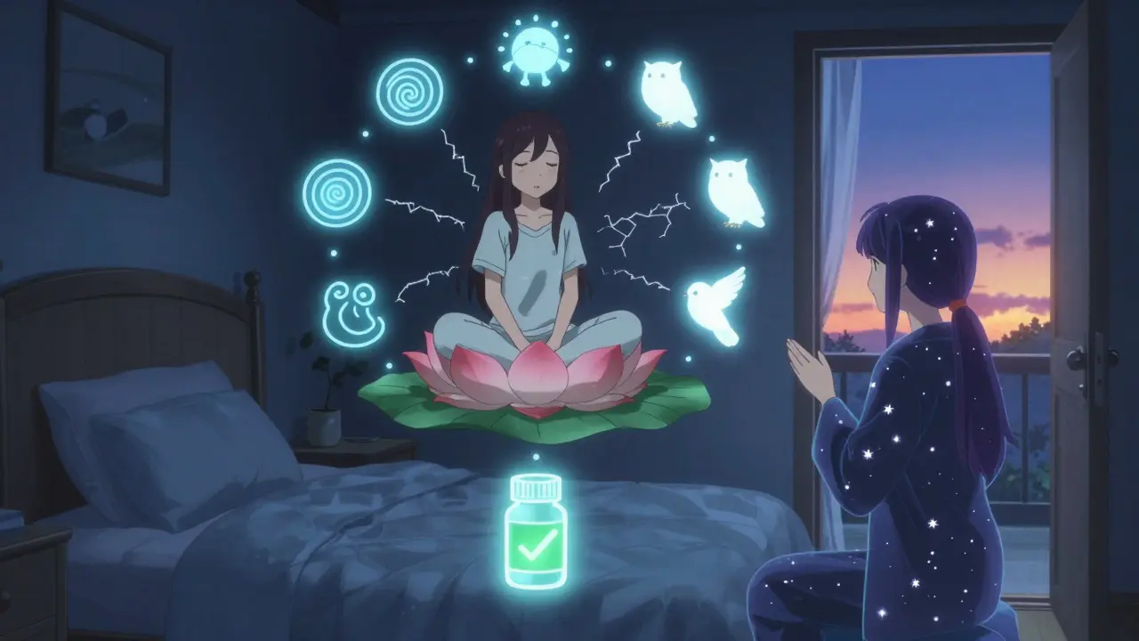 Frau praktiziert CBT-I im Schlafzimmer, umgeben von symbolischen Atem- und Gedankenspiralen, PreCure-Stil.