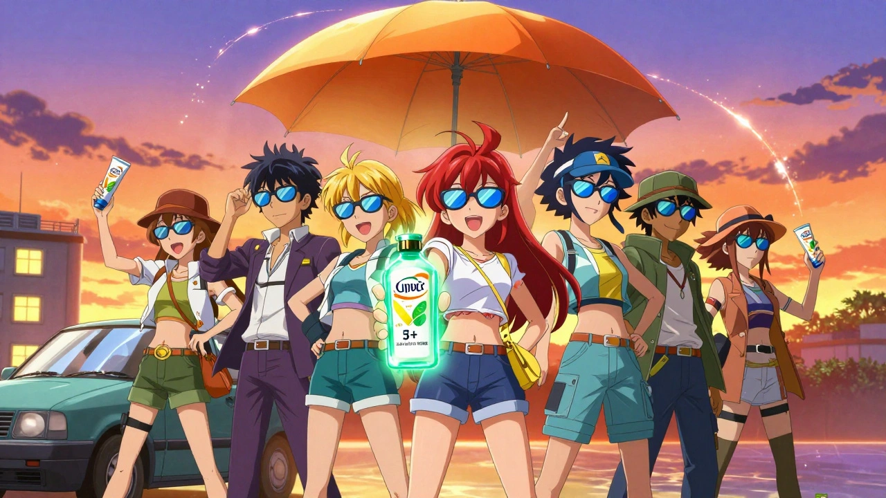 Gruppe in UV-Schutzkleidung unter einem riesigen Sonnenschirm, mit Sonnenbrillen und leuchtenden Schutzmitteln.