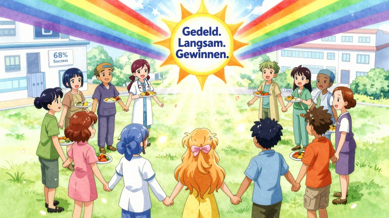 Gruppe von Patienten hält sich an den Händen, alle mit gesunden Mahlzeiten, umgeben von Lichtstrahlen und Blüten.