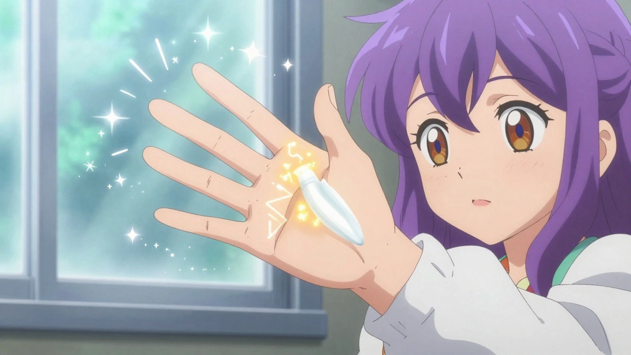 Hand, die Zinkoxid-Sonnencreme aufträgt, während UV-Strahlen in Lichtpunkten zerplatzen und Fensterfolie schimmert.