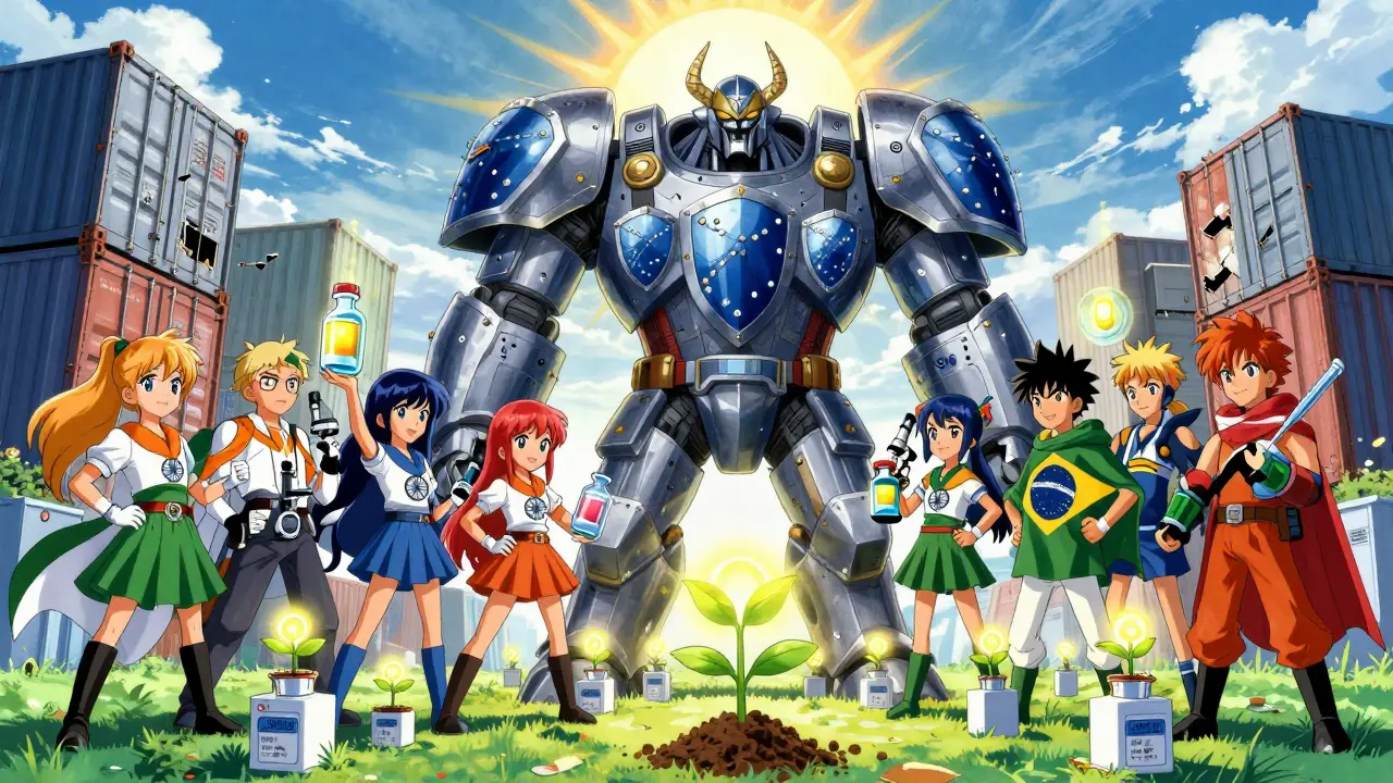 Helden bekämpfen einen Schurken aus Lieferketten und Patenten, während kleine Fabriken aufblühen.