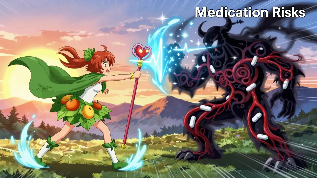 Heldin bekämpft einen Medikamenten-Monster mit Obst und Gemüse als Kraftquelle.