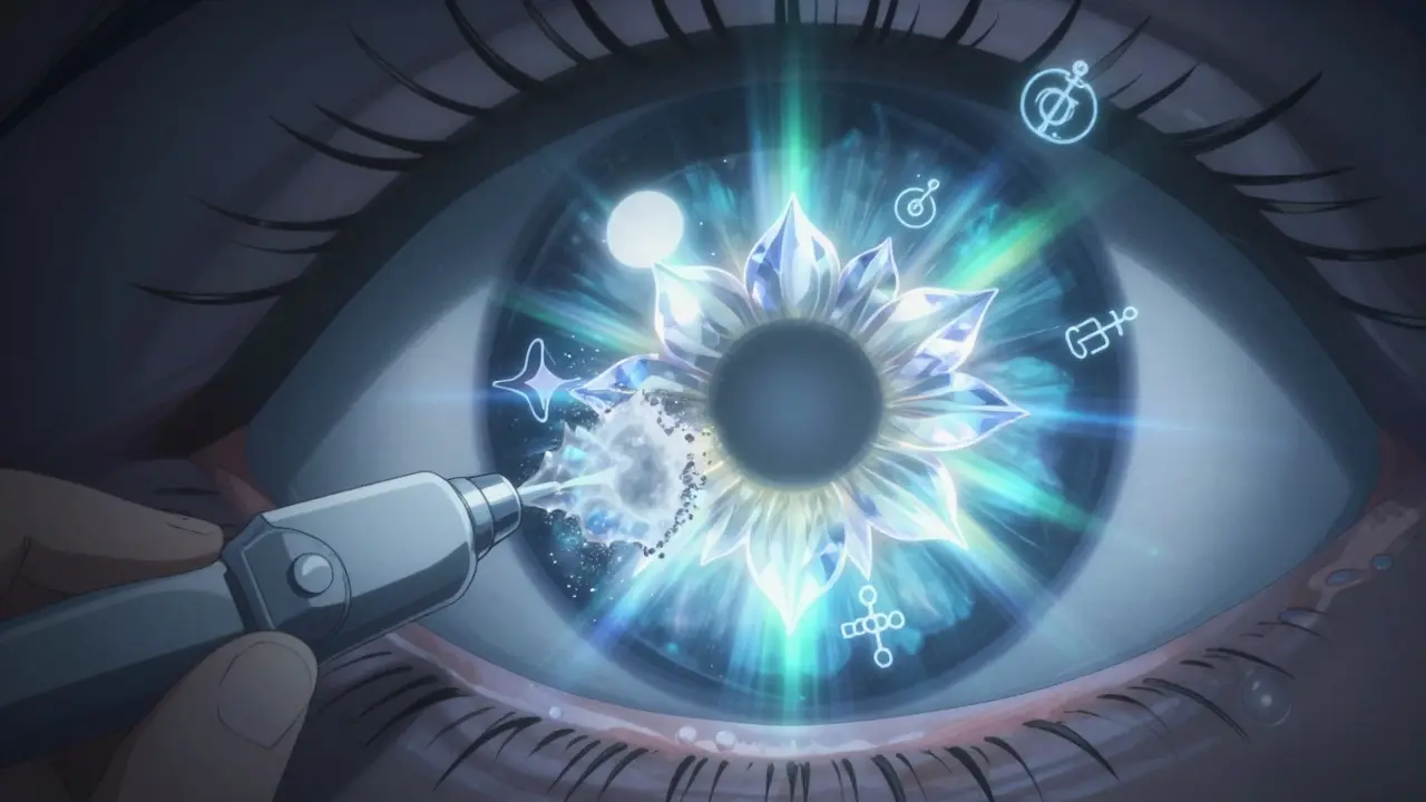 Innere Ansicht eines Auges während der Kataraktoperation, eine leuchtende Linse entfaltet sich wie eine Blume.