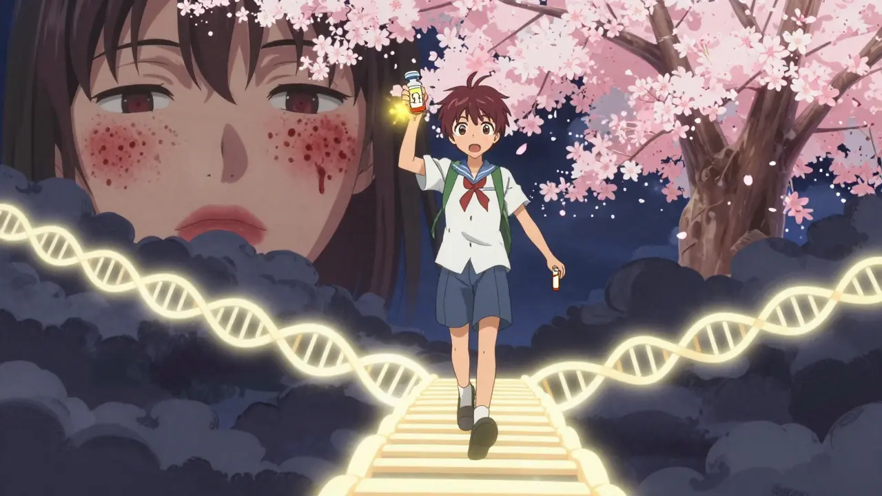 Junge geht über DNA-Brücke, hält B12-Fläschchen und Speicheltest, dunkle Wolken verwandeln sich in Kirschblüten.