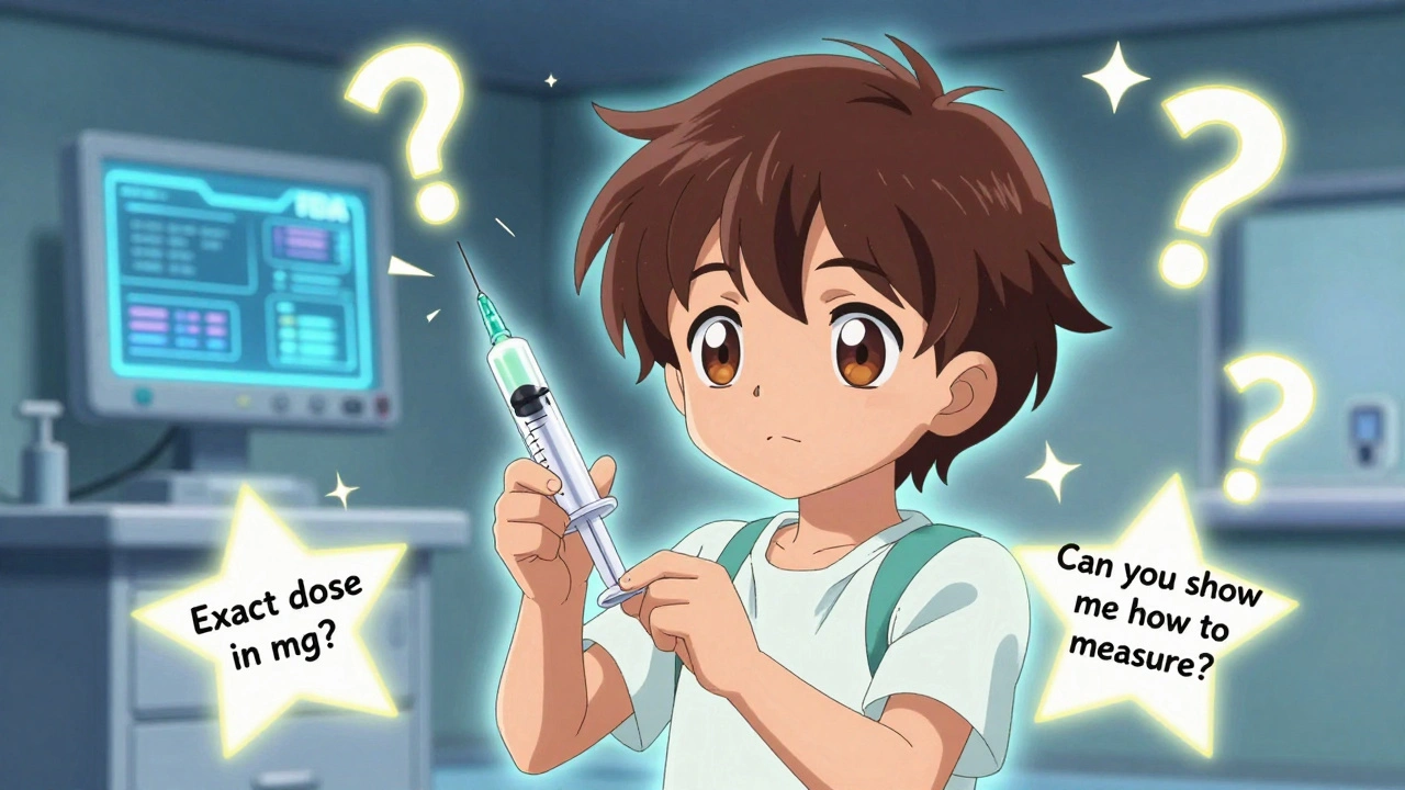 Kind hält eine Spritze, während drei wichtige Fragen als leuchtende Lichter um sie herum erscheinen.