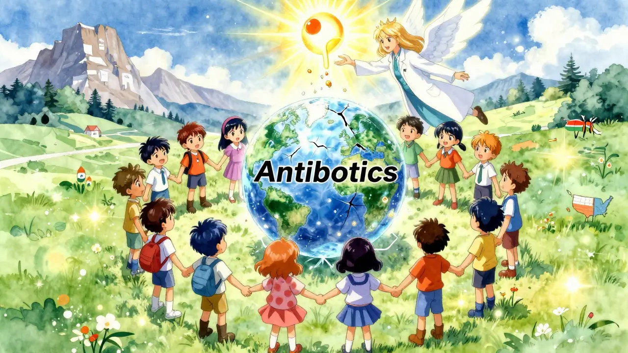 Kinder aus der ganzen Welt halten eine zerbrechliche Kugel mit Antibiotika, während Lichtkapseln fallen.