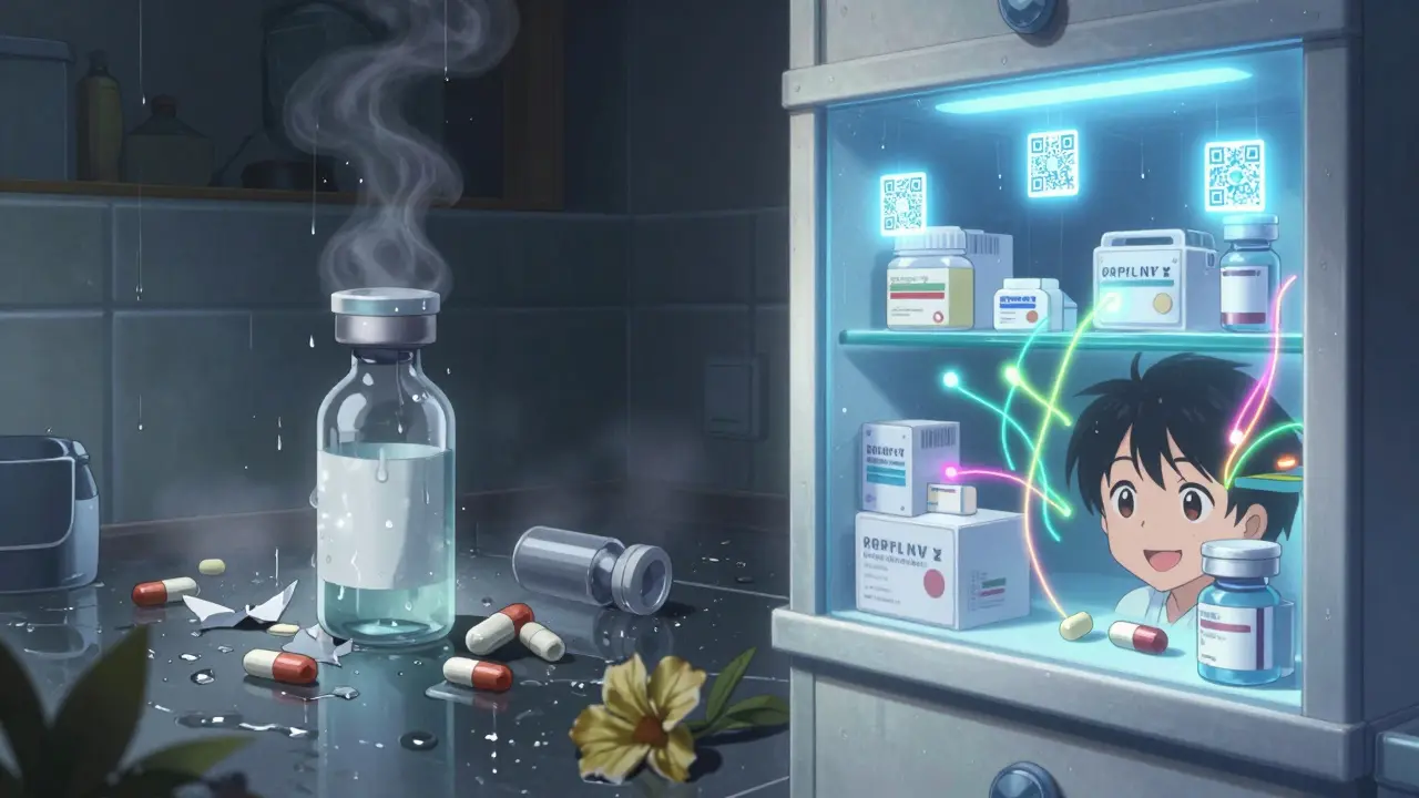 Linker Bildteil: verschimmelte Medikamente im Badezimmer; rechter Bildteil: geordnete Medikamente in einer sonnigen Küche.