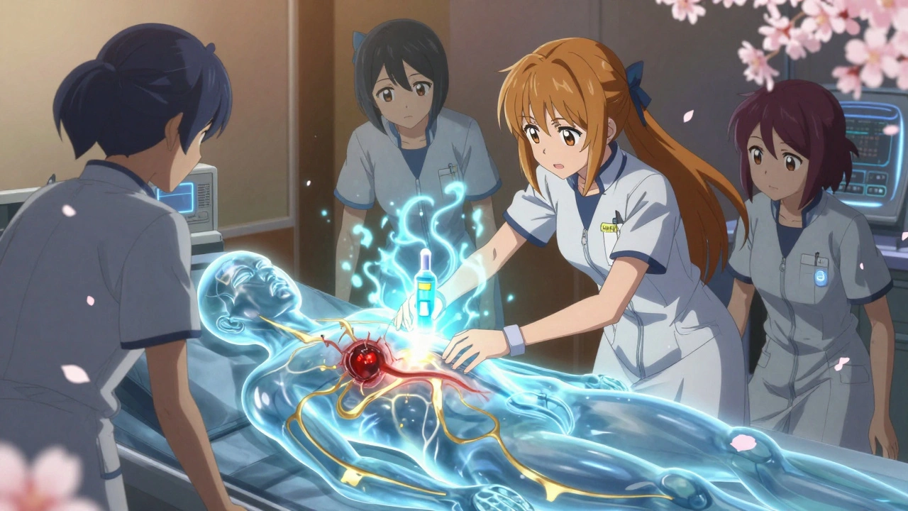 Mediziner aktivieren ein leuchtendes Gegenmittel, um eine innere Blutung zu stoppen.