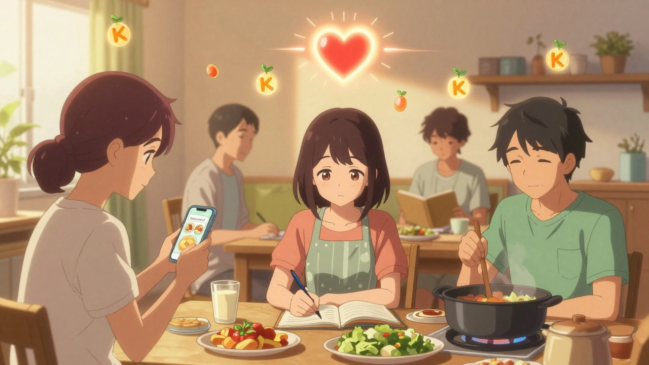 Mehrere Menschen in häuslichen Szenen mit App, Tagebuch und Kochen, goldene Lichtstrahlen.