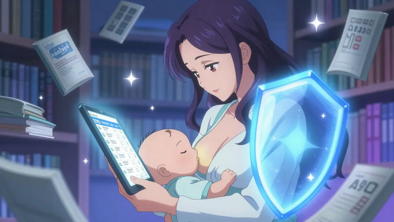 Mutter schaut auf ein Tablet mit medizinischen Daten, Baby stillt daneben, magische Lichter umgeben sie.