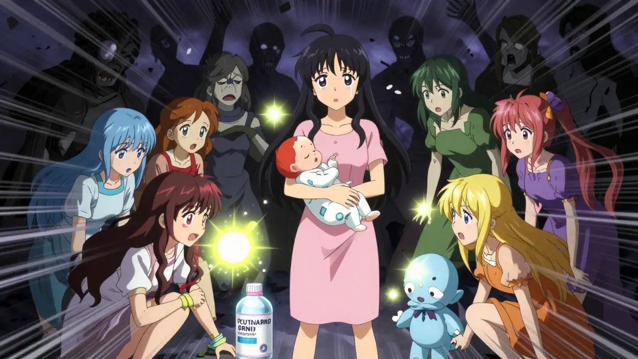 Mutter steht schützend vor Baby, dunkle Schatten von gefährlichen Medikamenten brechen auseinander.