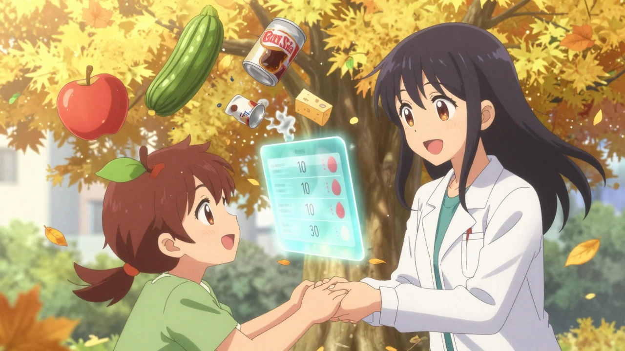 Patient und Ernährungsberaterin stehen unter einem heilenden Baum, verarbeitete Lebensmittel vergehen in Asche.