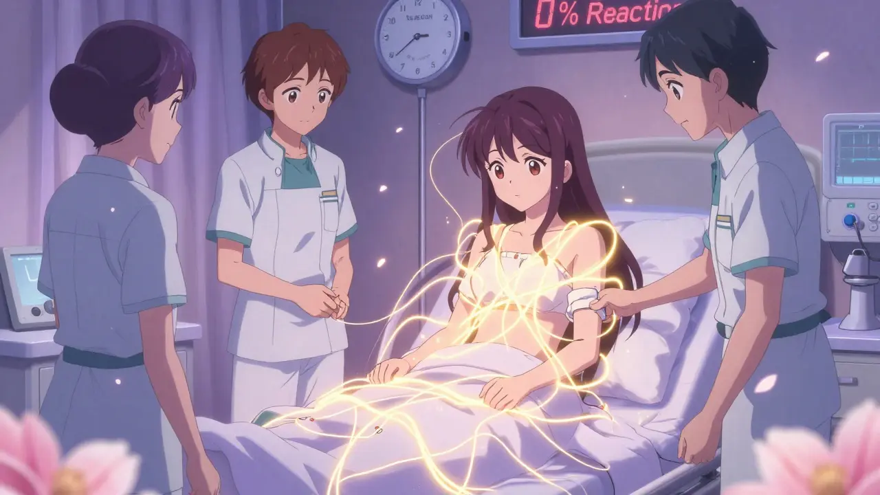 Patientin erhält eine Desensibilisierung mit goldenen Energiefäden, die ihr Immunsystem beruhigen.