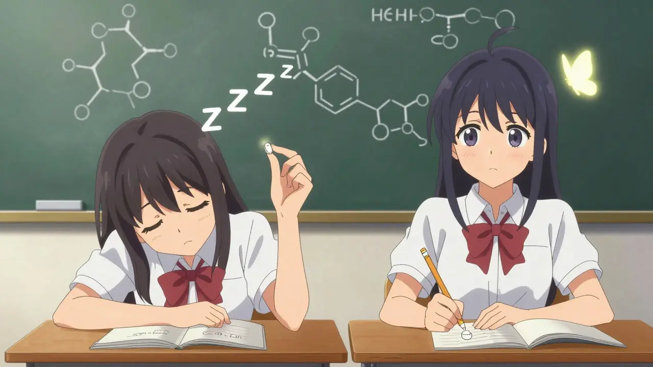 Schülerin mit verschlafener Cetirizin-Pille neben konzentrierter Klassenkameradin mit halbierter Levocetirizin-Tablette.