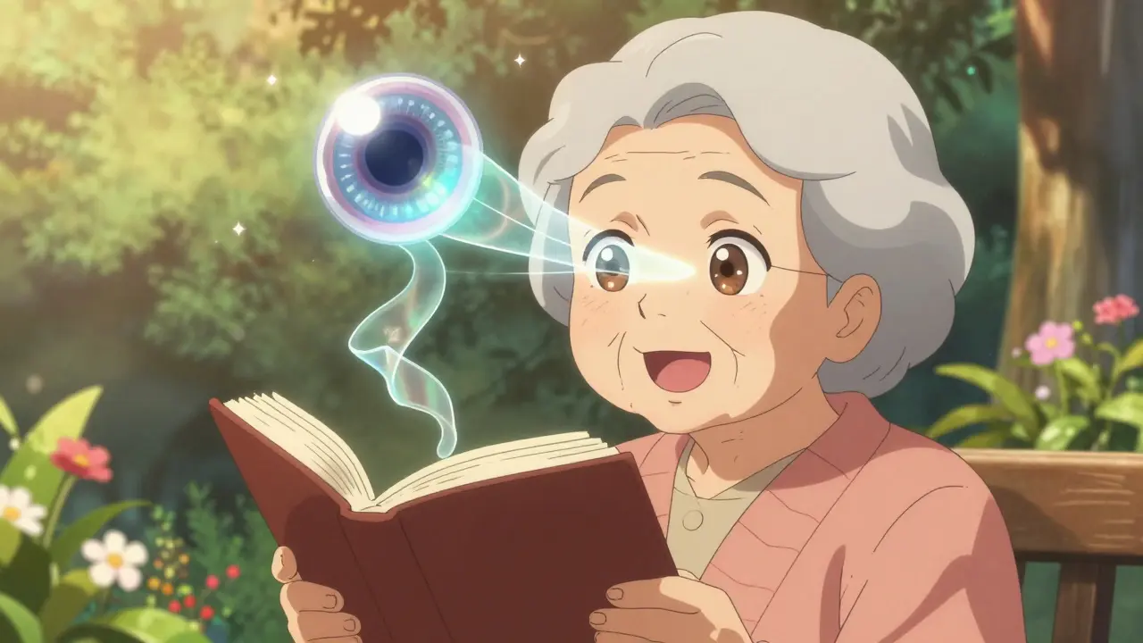 Senior liest mit Freude ein Buch, Farben strahlen in HD-Qualität, eine künstliche Linse schwebt über dem Kopf.