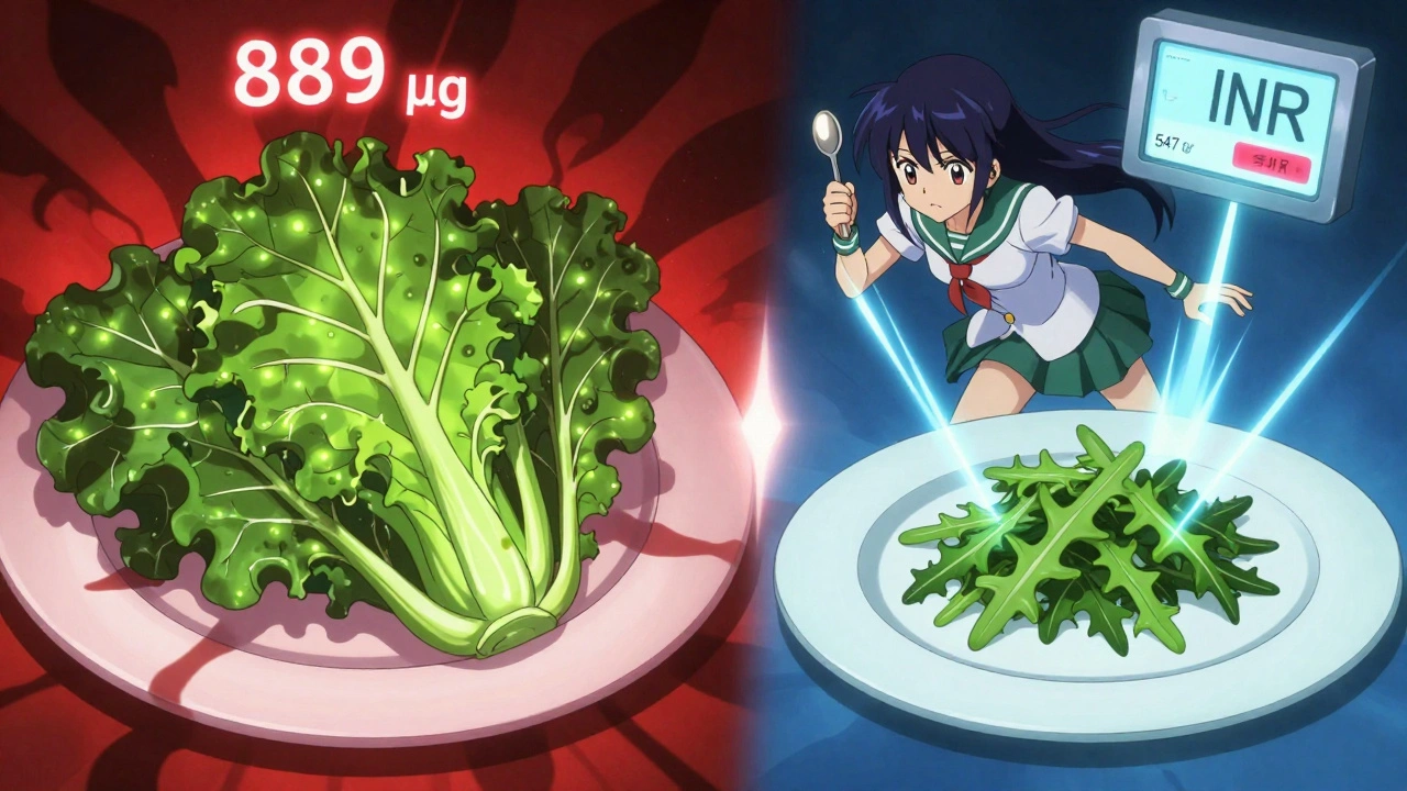 Zwei gegensätzliche Teller mit Grünzeug, eine Figur hält eine Löffel dazwischen.