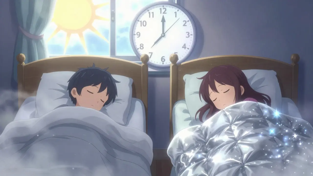 Zwei Kinder schlafen friedlich, eines von grauem Nebel, das andere von silbernen Sternen umgeben.