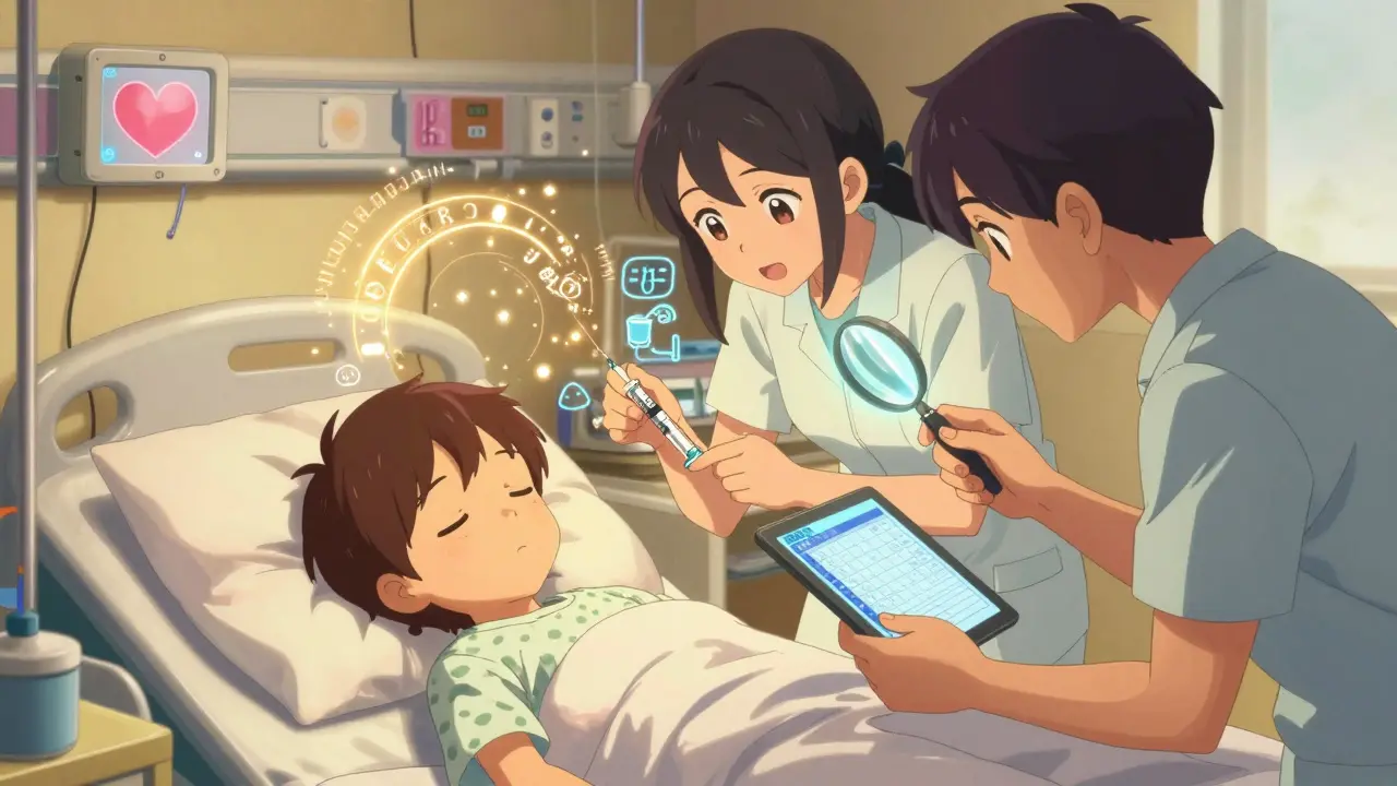 Zwei Pflegekräfte überprüfen eine kinderspezifische Insulin-Dosis mit schwebenden Berechnungen und INR-Werten.