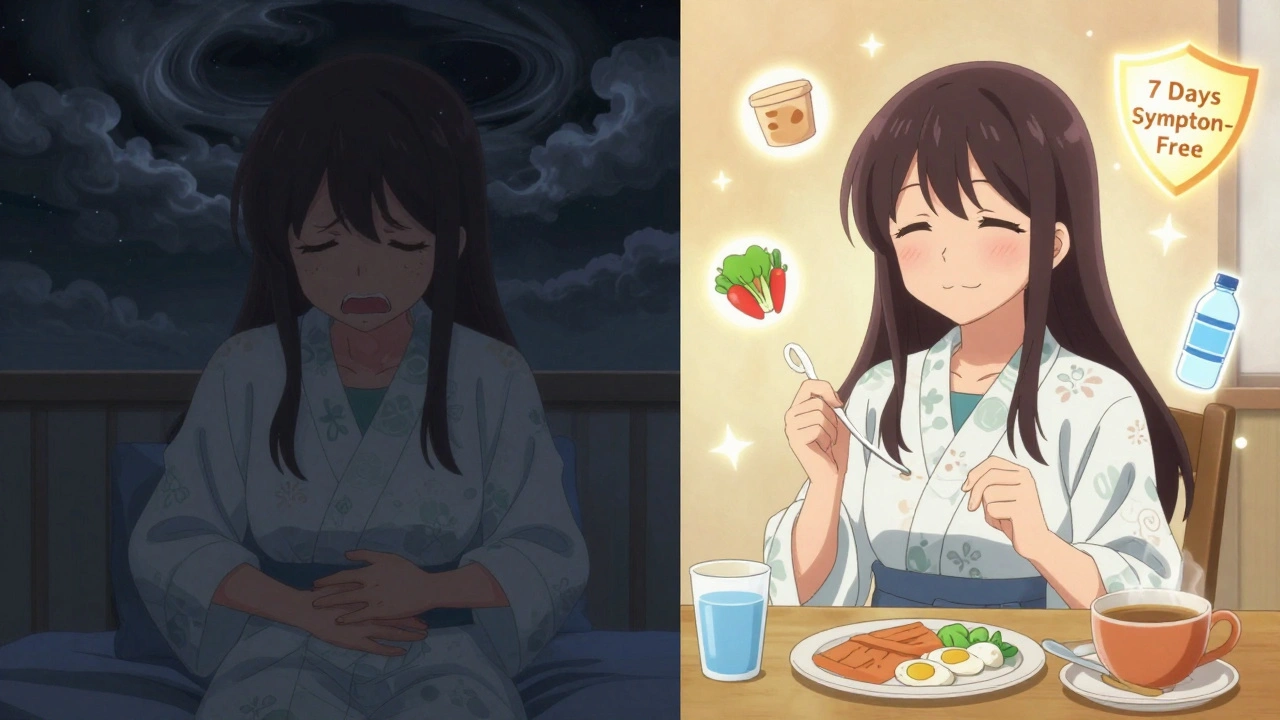 Zwei Szenen: links eine Person mit Übelkeit, rechts dieselbe Person mit gesundem Essen und einem Heilungs-Schild.