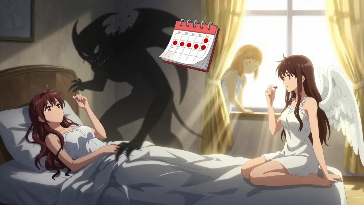 Zwei Szenen: Medikament abends als Monster vs. morgens als Lichtwesen, PreCure-Stil.