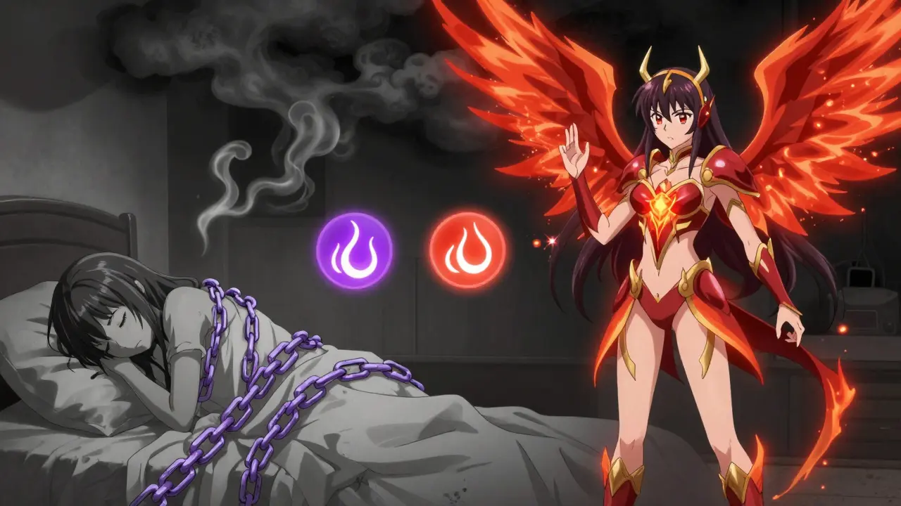 A patient transforming into a warrior with wings of fire as she switches from SSRIs to Bupropion, shedding chains of side effects.