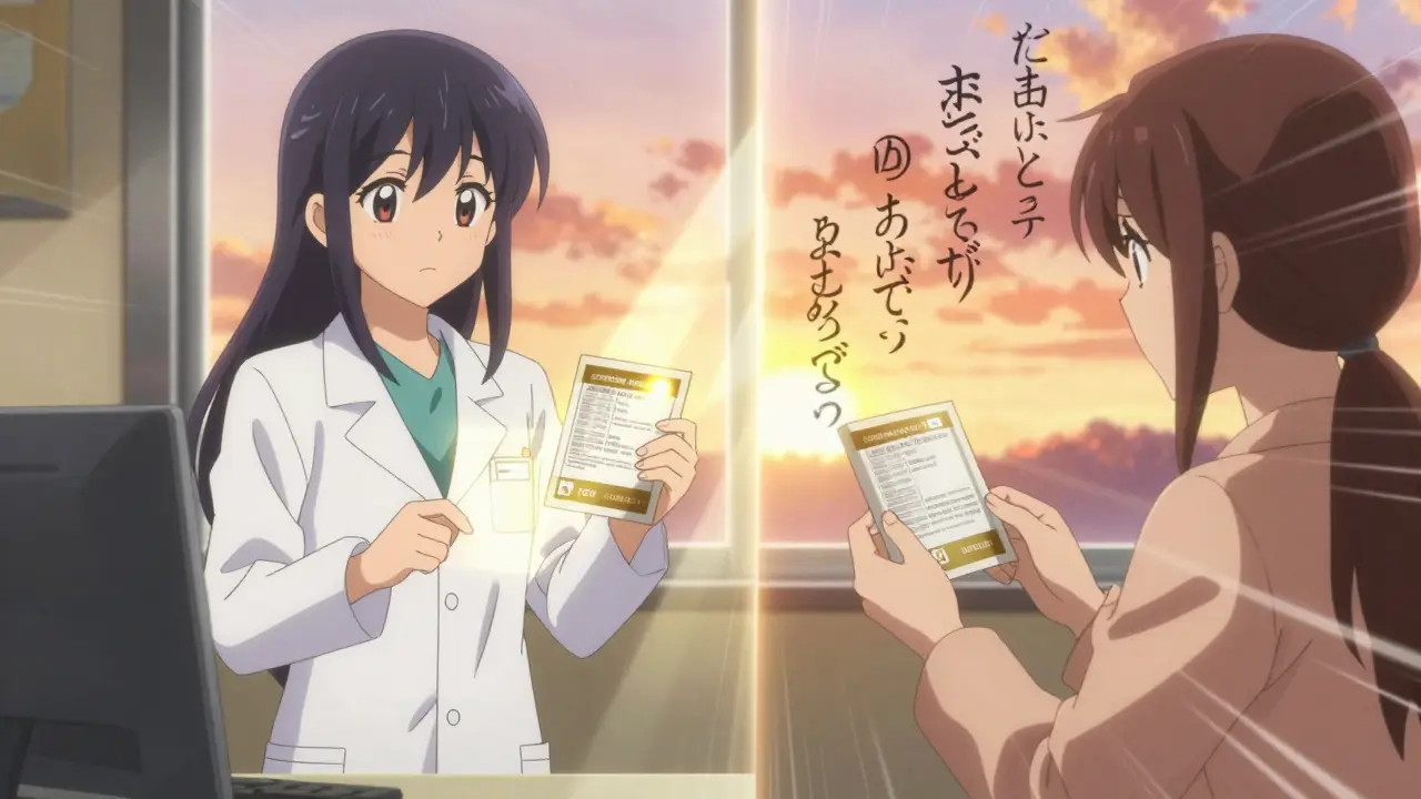 Apotheker reicht neue Packung mit leuchtenden Änderungen, alte Packung verblasst.