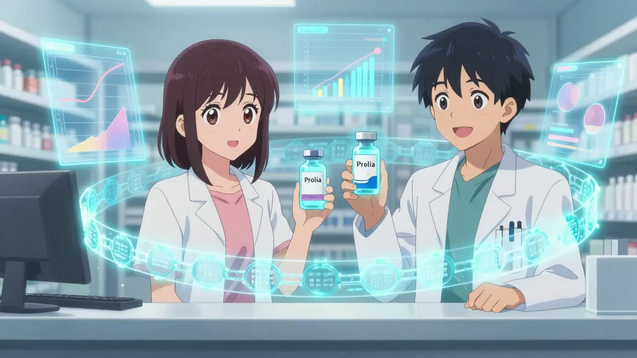 Arzt und Patient halten identische, leuchtende Medikamentenfläschchen mit einer Blockchain-Schleife um sie herum.