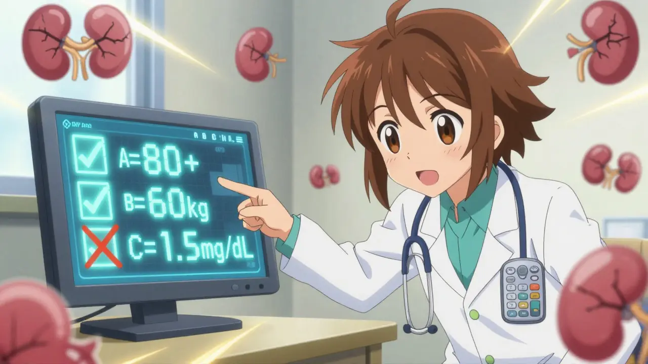 Arzt zeigt die ABC-Regel an einem Monitor an, falsche eGFR-Werte werden abgelehnt, Nieren mit Rissen im Hintergrund.