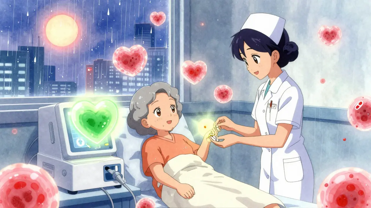Dialysepatientin erhält reduzierte Apixaban-Dosis, schwebende Herzen zeigen Sicherheit, sanftes Licht und regenartige medizinische Symbole.