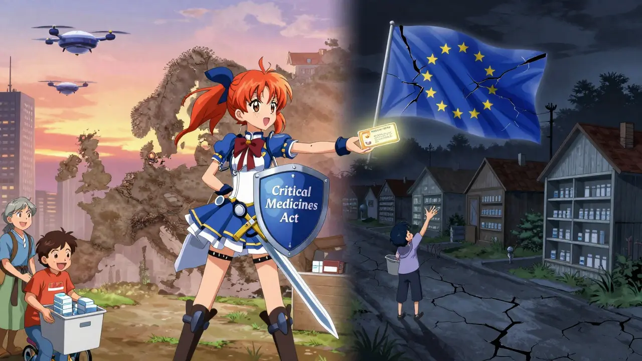 Divided Europe: one side thriving with medicine delivery, the other dark and empty, hero standing between.