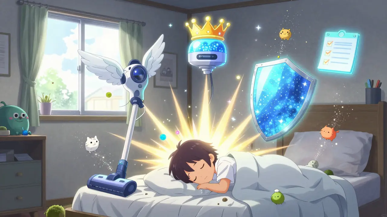 Drei magische Geräte vereinen sich, um Staubmilben, Schimmel und Tierhaare in Glitzerpartikel aufzulösen, während ein Kind friedlich schläft.