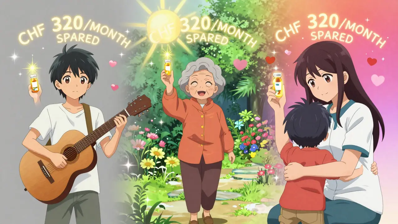 Drei Patienten halten Generika-Flaschen, die ihr Leben verbessern – Geldersparnis wird als goldenes Licht dargestellt, das Freiheit symbolisiert.