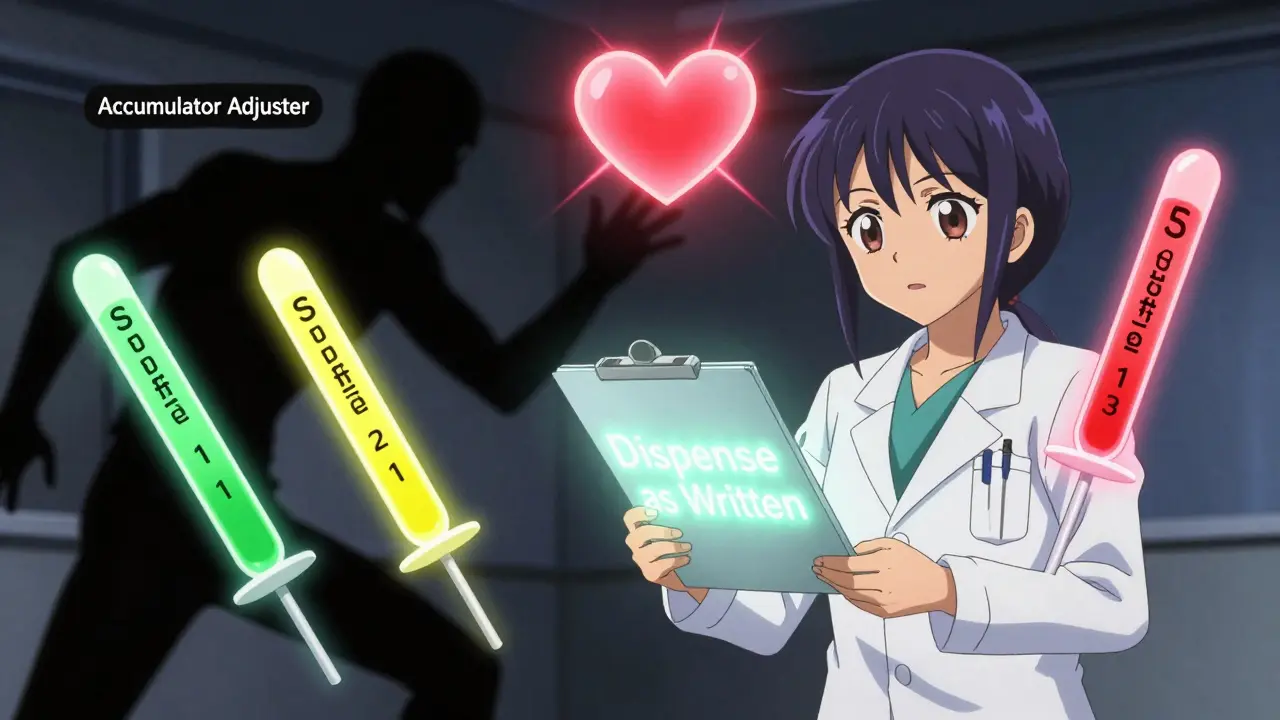 Ein Arzt hält eine Rezeptur mit 'Dispense as Written', während dunkle Kräfte versuchen, die Energie des Patienten zu schwächen.