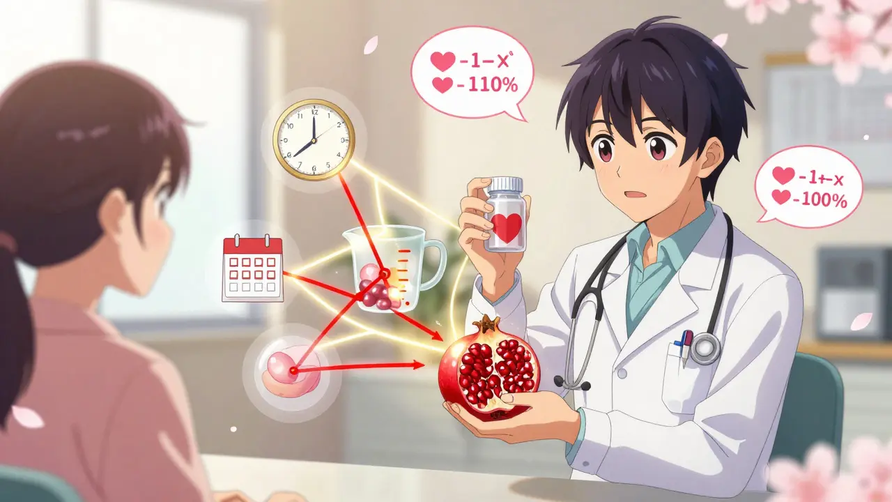 Ein Arzt und Patient diskutieren sicherer Granatapfelsaftkonsum mit medizinischen Symbolen.