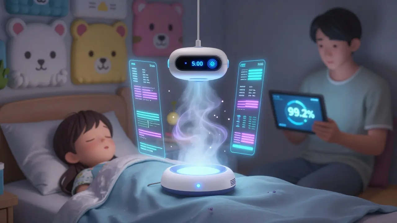 Ein magisches Schlafüberwachungsgerät projiziert beruhigende Lichtstrahlen über ein schlafendes Kind in einem geschützten Zimmer.