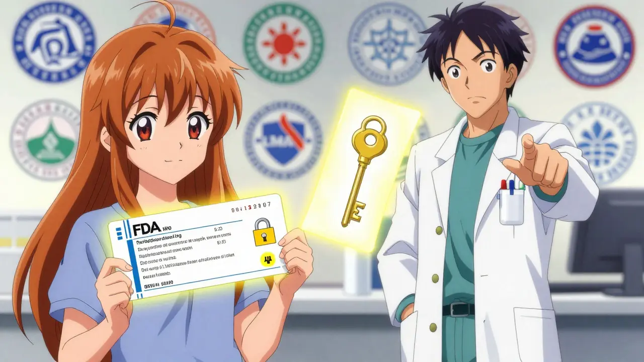 Ein Patient hält eine Rezeptur, die in zwei Wege aufteilt: teures Original vs. erschwingliches Biosimilar.