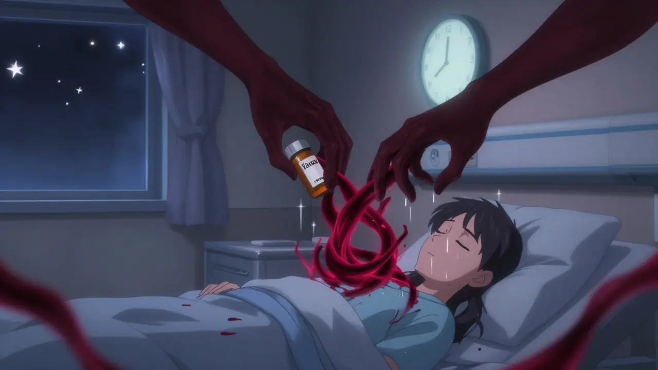 Ein Patient im Bett wird von schattenhaften Händen mit verschriebenen Medikamenten bedroht, Lichter verlöschen.