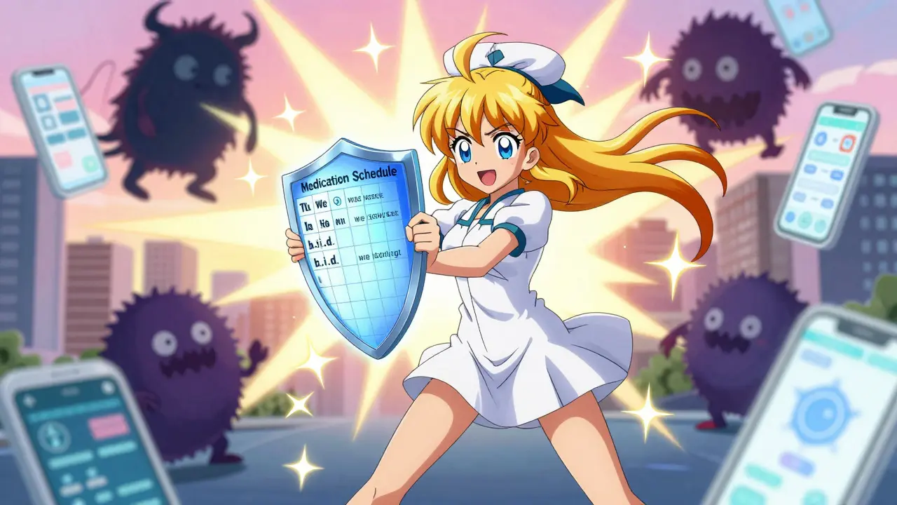 Ein Patient kämpft mit einem magischen Zeitplan gegen schattenhafte Gefahren wie 'Teelöffel' und unklare Anweisungen.