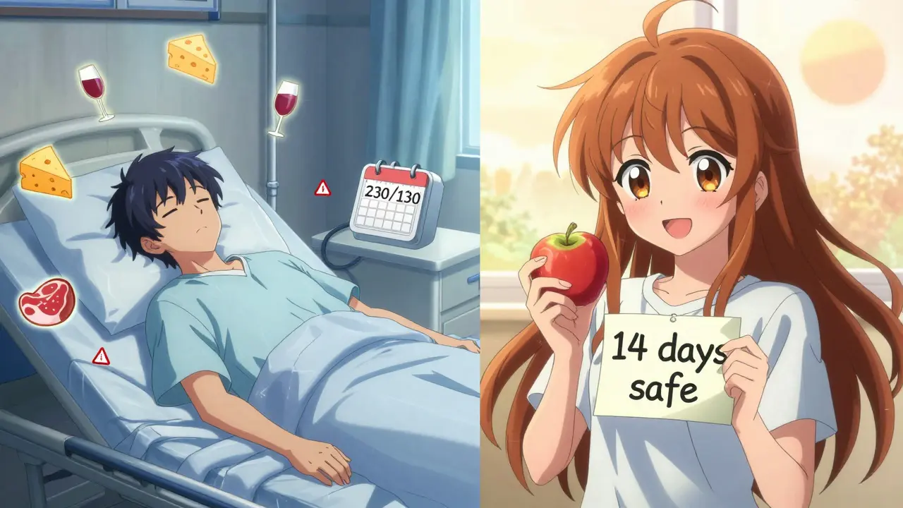 Ein Patient liegt im Krankenhaus, während auf der anderen Seite derselbe Patient sicher ein Apfel isst und die Sonne aufgeht.