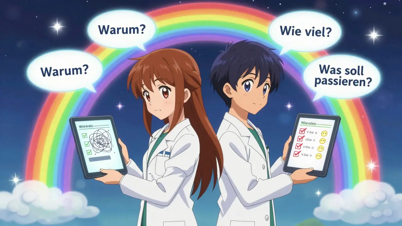 Ein Patient und ein Apotheker stehen in einem magischen Wissensportal, während Fehler und Sicherheit sich gegenüberstehen.