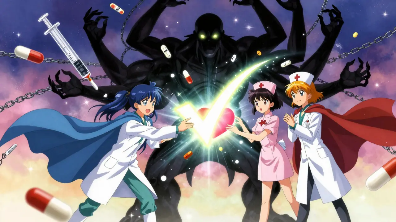 Ein Team aus Gesundheitsfachkräften bekämpft einen monströsen Medikamentenfehler mit einem Lichtstrahl aus Hoffnung.